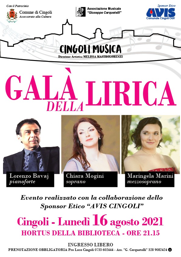 Cingoli Musica: serata dedicata alla lirica con Chiara Mogini, Maringela Marina e Lorenzo Bavaj